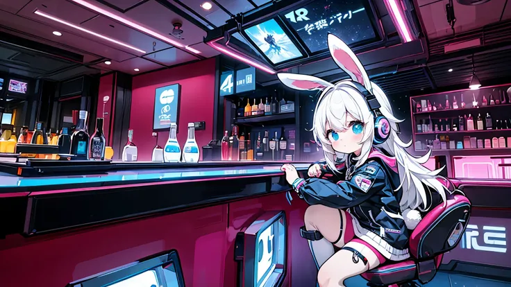 Bar in a cave,Anime white hair girl with headphones, wearing rabbit ears,Cyberpunk clothing,Vibrant juice,Sitting at the counter,Romantic space, Futuristic interior, Cute stuffed rabbit, Cute art style, Anime Style 4k,Vivid Color