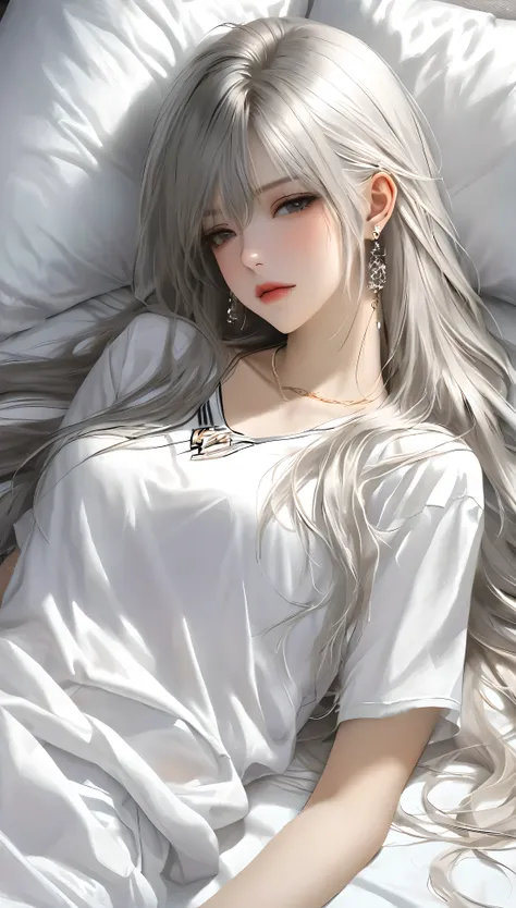 1 girl, solitary, long hair, shirt, white shirt, bangs, upper body, earrings,  jewelry, white hair, shut up、lying in bed