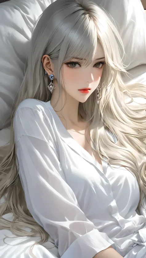 1 girl, solitary, long hair, shirt, white shirt, bangs, upper body, earrings,  jewelry, white hair, shut up、lying in bed