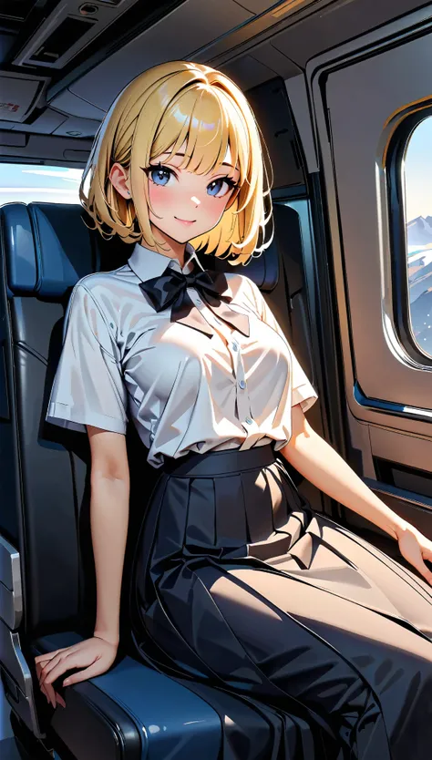 (high quality, 8k, 4K, High Detail, High Contrast, masterpiece:1.2, 最high quality, Best aesthetics), ((1 female)), Blonde, Short Bob, Blouses and long skirts, young sexy woman, sitting in an airplane seat, Beautiful starry sky outside the window,