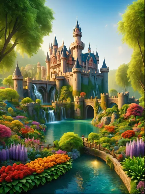 Imagine a serene and magical fantasy world. In the heart of this vibrant, enchanted setting stands a majestic castle. It sits in the middle of an expansive lake, surrounded by an array of diverse aquatic plants. Many flowers of different types and radiant ...