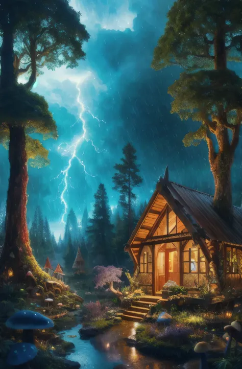 By Adrian Smith, Rain and storm outside( Beautiful elven hut window) In the magical forest, mushroom, and creatures, Volume Lightening, colorful, High quality and well balanced, Good composition, Excellent architecture, Awards, Cinematic, masterpiece, mast...