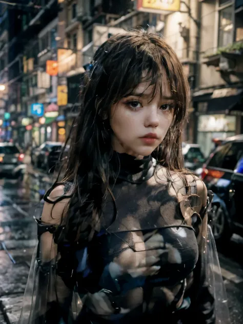 A woman cosplaying as hero  in a hyper-realistic female version, Sexy heroine costume, hero trage from the avengers. she stands facing a dark street at night wearing a hero outfit. Shes standing in front, dark street raining, dark, street, raining, night, ...