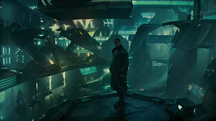 Deckard is standing by the window of his apartment, olhando para a cidade iluminada abaixo. The light rain creates a gloomy atmosphere as he gazes at the neon fog that envelops the skyscrapers.. He turns his attention to the urban landscape, where advertis...