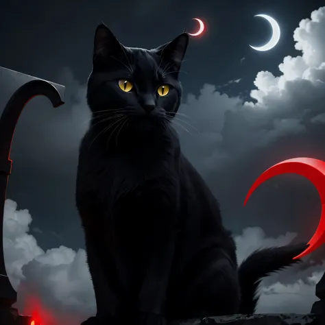 Painted, Black cat with glowing white eyes, dark sky with red crescent moon, red fog, clouds, black gates to hell