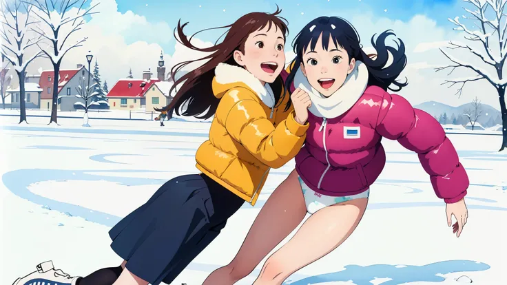 (superflat, flat shading, flat colors), (closeup), mother and daughter, down jacket, (white printed panties for kids), no skirt, long hair, ice skating, smile, laugh, fun, play, winter, snow, bright, wide angle, vibrant colors, watercolor, ghibli style