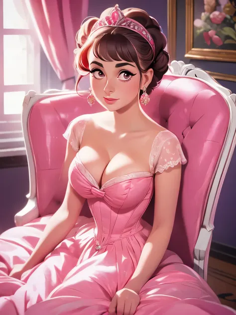 a close up of a woman in a pink dress sitting on a chair, elizabeth taylor, dressed in a pink dress, maria callas, wearing a pink ballroom gown, ornately dressed, 1 9 6 0 s, 1960s, in a red victorian era dress, gorgeous female audrey hepburn, graceful and ...