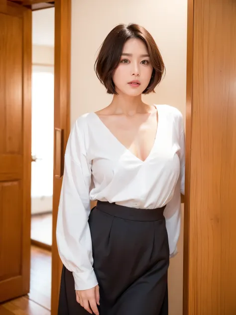 Black see-through blouse、(Large meeting room、White wall in the background、In front of a wooden door:1.4)、((highest quality、8k、masterpiece:1.3))、（Female Duo）、（Japanese women）、38 years old、Ultra-high resolution、(Realistic:1.4)、RAW Photos、Japanese,(face)、Genu...