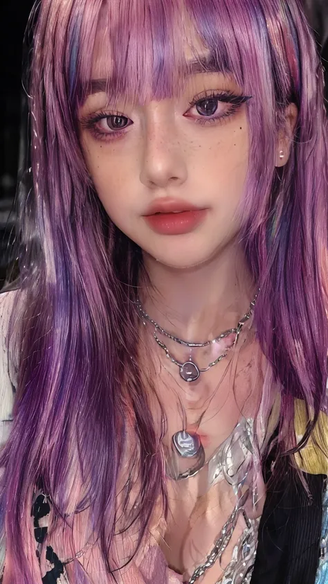 masterpiece, highest quality,Realistic,Absurd,One girl,View your viewers,Egirl_face, night, street, face detail, face retouch,笑face, Laughter, Thin bangs, chain, blush, freckles, Rainbow Hair, Full Body View, Oversized sweatshirt,She is leaning forward and...