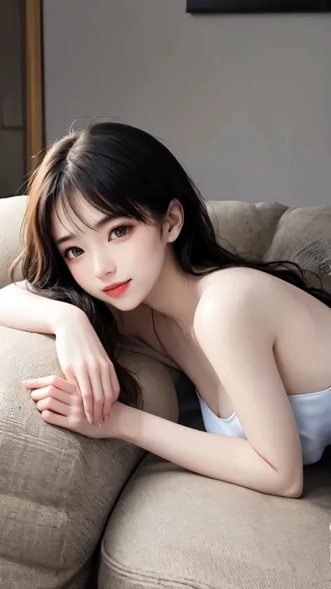 1girl,short skirt,Two piece fashionable outfit, (masterpiece, best quality:1.2), 1girl, solo, ((bare shoulders)), (Practical:1.37), ((Lying on the sofa)), ((Bird's-eye view shooting)), Sweet maiden, beautiful妆容, Exquisite makeup, Extremely beautiful e...