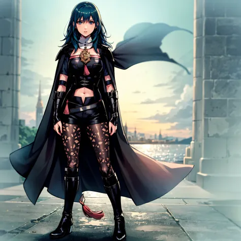 fembyleth, detached collar, black cape, black crop top, breastplate, tassel, belt, short shorts, gauntlets, patterned pantyhose, high heel boots