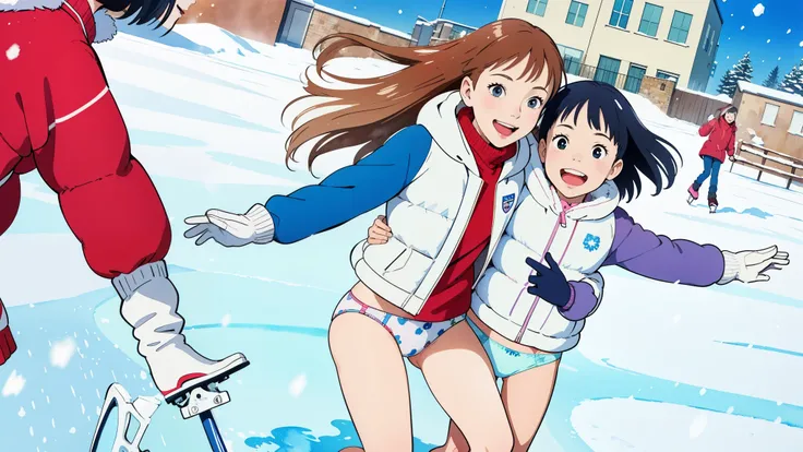 (superflat, flat shading, flat colors), (closeup), mother and daughter, down jacket, (white printed panties for kids), no skirt, long hair, ice skating, smile, laugh, fun, play, winter, snow, bright, wide angle, vibrant colors, watercolor, ghibli style