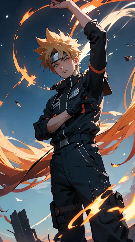 Naruto stands tall, his gaze fixed on the expanse of the bright blue sky above. His vibrant orange jumpsuit contrasts against the serene backdrop as wisps of clouds drift lazily across the heavens. With a sense of determination in his eyes and a gentle bre...