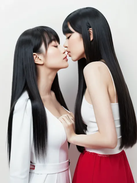 (Two identical twin hair models facing each other in the same space, embracing each other, closing their eyes and kissing, photographed from the chest up)　((They both closed their eyes and kissed:1.4))　(The two are identical clones, Wear the same clothes, ...