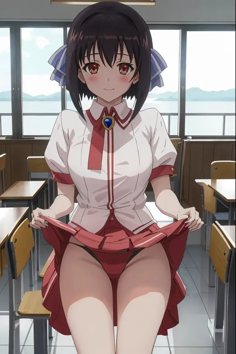 [anime styled]],[[digitalart]],1girl,solo,(portrait),Tomomi_saikyou,black hair,Short hair,bob cut,hair ribbon,midium build,1girl in,short torso,anime screen cap,cel shading,smile, blush,(strong light)、((brighten the subject)),classroom,chair,lying,uniform,...