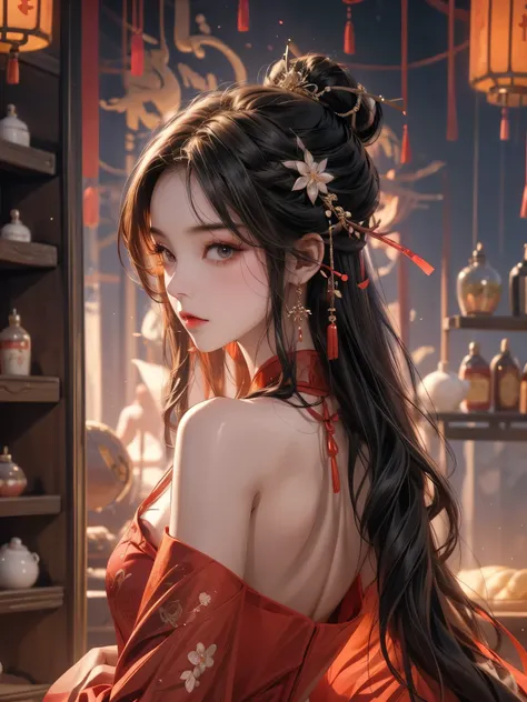Gentle and lovely Chinese beauty, Exquisite and sexy clavicle, Charming goose egg face, Double eyelids, Bright peach blossom eyes, Pink lips, Small upturned nose, Bare shoulders, Plump buttocks, Beautiful long legs, focused face, Close-up of face, Ultra HD...