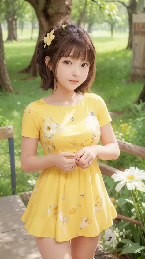Anime portrait photo of a beautiful and cute teenage girl in the meadow, She is wearing a short yellow swirly flower-like dress, Attractive feminine shape, Beautiful thighs, Morning light, Disney Pixar
