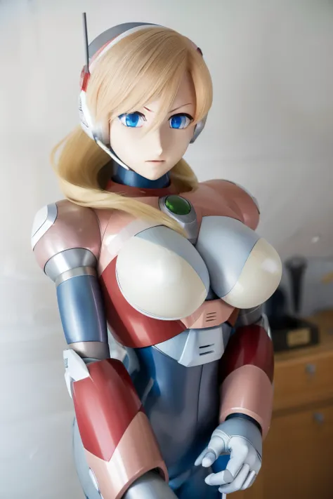 ultra detailed of a woman cyborg, 1girl, (natural skin texture, realistic eye details:1.2) alias_mega manx, alone, breasts, blue eyes, blonde hair, Android, long hair, robot ears, stand at attention, neutral stance, artwork, high quality, hypnotized, Ahega...