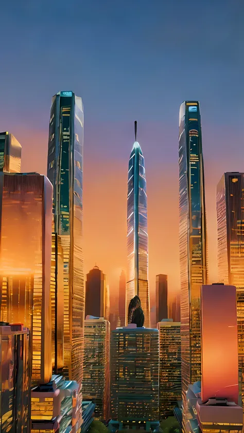 Scene: A stunning cityscape at sunset, with gleaming skyscrapers and bustling streets.Description: The camera pans over the city, capturing its vibrant energy and modern beauty.