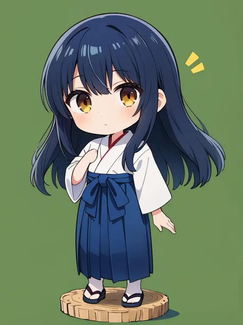 1 girl, dark blue hakama, black hair, brown eyes, long hair, chibi, standing, hands on body, whole body, green background