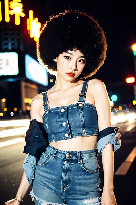 (cinematic aesthetic:1.4) photo of a beautiful korean fashion model bokeh city night with round disco afro wig, crop top, mini j...