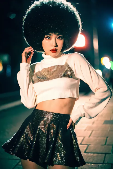 (cinematic aesthetic:1.4) photo of a beautiful korean fashion model bokeh city night with round disco afro wig, crop top, mini s...