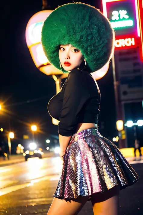 (cinematic aesthetic:1.4) photo of a beautiful korean fashion model bokeh city night with round disco afro wig, crop top, mini s...