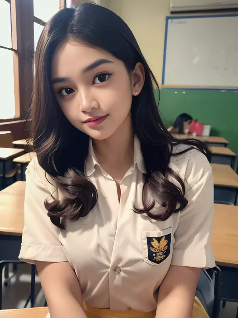 A beauty Indonesia woman in student at classroom,big breasts,wet body soaked,vivid colors,Bokeh,(best quality,4k,8k,highres,masterpiece:1.2),ultra-detailed,(realistic,photorealistic,photo-realistic:1.37),oil painting,beautiful detailed eyes,beautiful detai...