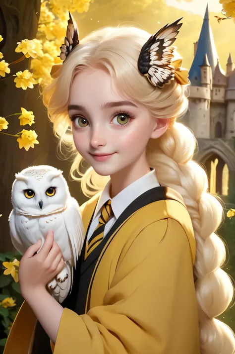 best quality, Masterpiece, Hogwarts students, Hufflepuff, I have short blonde twin tails., Beaming, misbehave, freckles, Hand holding a white jasmine flower Detailed eyes, detailed face, Fine skin, There was a white owl laughing at his shoulder.