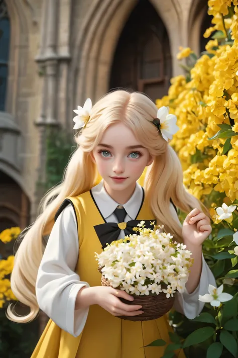 best quality, Masterpiece, Hogwarts students, Hufflepuff, I have short blonde twin tails., Beaming, misbehave, freckles, Hand holding a white jasmine flower Detailed eyes, detailed face, Fine skin,