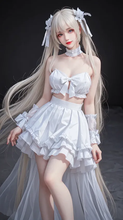 kasugano sora,long white hair,twintails,hair ribbon,hair ornament, ((Bare shoulders)), ((Full breasts)), ((The skirt is short)), ((Sexy legs)), ((whole body)), Practical, Fashion girl, Red lips, Young women, Exquisite makeup, big eyes, beautiful, (best qua...