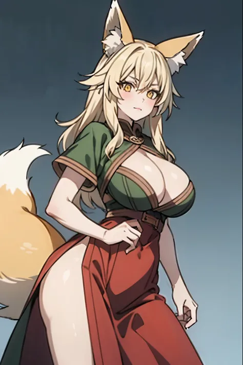 ((cute fox ear)), heavy busty, yellow skin, fox, long blond hair, ranger, medieval clothes,  medieval background