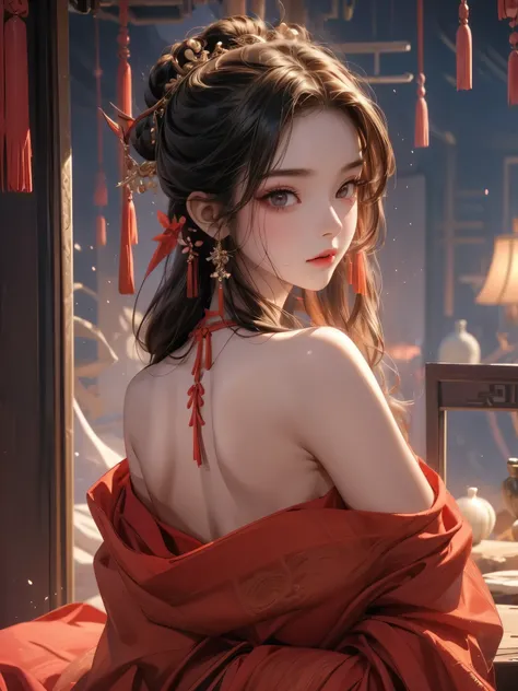 Gentle and lovely Chinese beauty, Exquisite and sexy clavicle, Charming goose egg face, Double eyelids, Bright peach blossom eyes, Pink lips, Small upturned nose, Bare shoulders, Plump buttocks, Beautiful long legs, focused face, Close-up of face, Ultra HD...