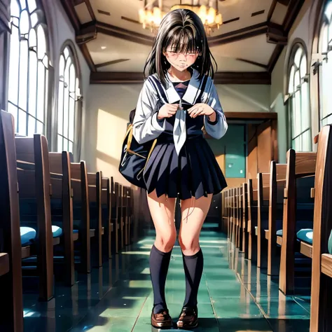 (((Under the skirt))), (12 years old), concept, Peeing, myself Peeing, Wet, Wet, having to Pee, having to Pee, having Pee stains, there is a Pee stain on a black pleated skirt, Ashina Ashida, One Girl, ((((Crying face)))), (Black Sailor Suit), Big pink hai...