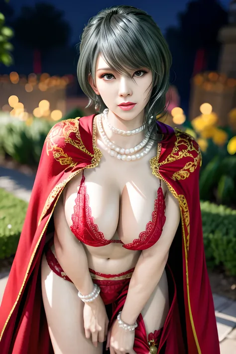 1 girl,lean over WINK,(Wearing Wedding Dress:1.2) ,(Wearing Jewel:1.2) ,( red lace_cloak:1.3),(Fluffs :1.4),(pearl bodychain:1.3),garden,nighttime,moon,( huge breasts ),cleavage,shiny skin,lip gloss,tattoos, masterpiece, best quality, realistic ,Surrealism...