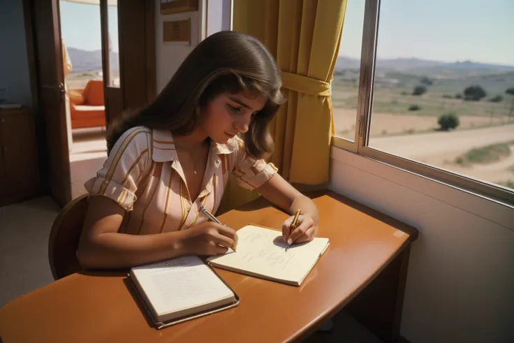 Tharsis, Spain, 1979. A young ((((17-year-old)) Carmela Estévez)), writing a novel, ((((summer clothings from the 1970s)))), ((hairstyle of the 1970s)), colorful