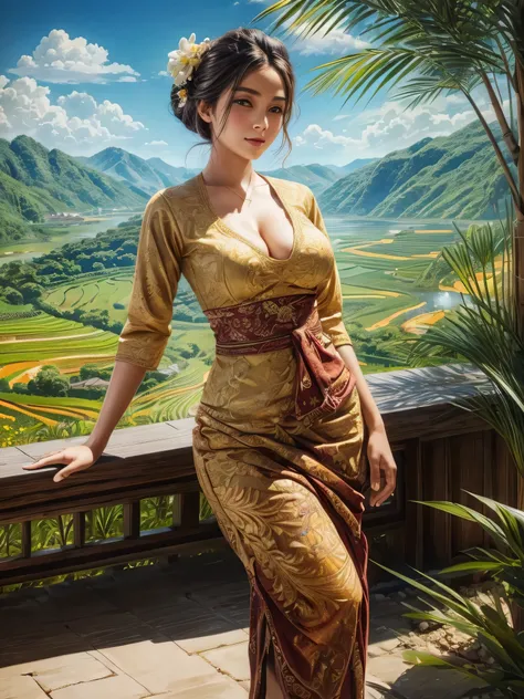 Gorgeous busty alluring curvy seducing Dutch-Sundanese peasant woman donning a semi transparent mediocre tight and thin kebaya dress and tight batik long skirt, simple messy bun hairdo with small beautiful flowers in her hair, insanely detailed and intrica...