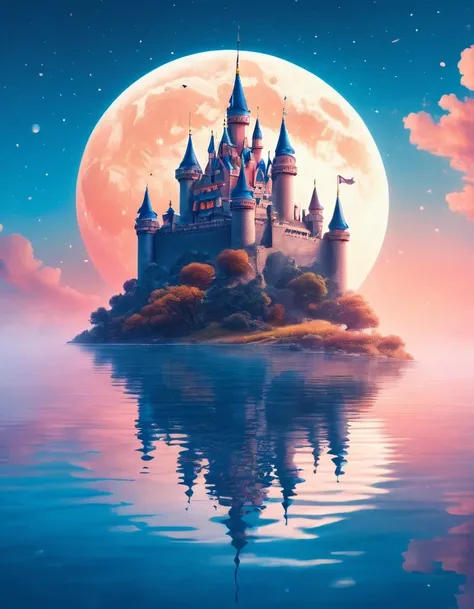 dream castle/dream castle，blue moon，fairy sitting in pink dream castle，dream castle and mirror reflections of trees and water，su...