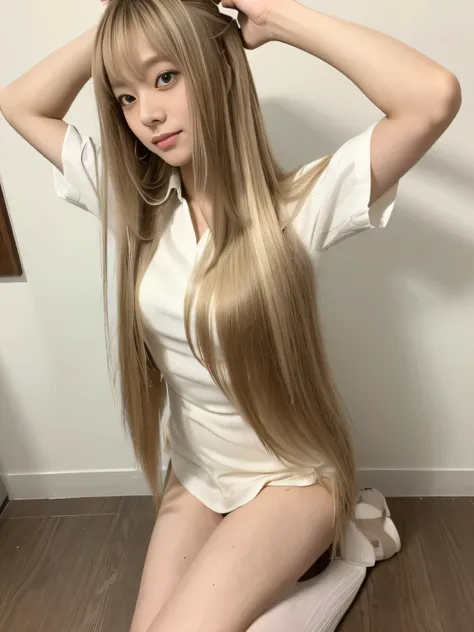 ((random kneeling pose:1.5, Gazing happily at the audience))　((Spread your hair、Make your hair look as wide as possible:1.8))　((Beautiful 24-year-old hair model with long blonde hair, girl with super Very long hair that reaches down to the ankles, very Ver...