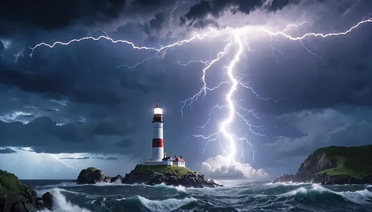 Crystal Cloud, Lightning strikes、Cape Lighthouse, Atmospheric perspective, 8k, Super Detail, Accurate, highest quality, lightning、Sharp images、High color reproducibility、Attention to detail、live-action、Alluring、