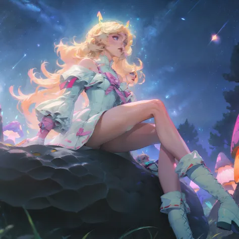 Anime girl with light blonde hair,With light blue eyes,Wearing a pink off-the-shoulder puff-sleeved dress and knee-high white boots,Sitting in the woods,Next to it is an orange mushroom,Surrounded by fireflies under the starry sky