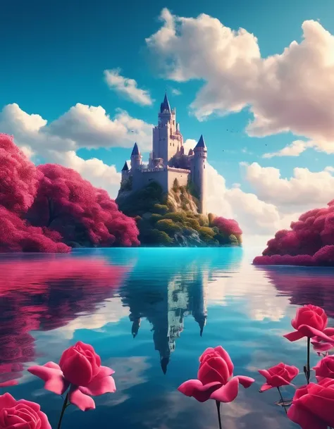 (the only rose dream castle on a cliff), (minimalist composition), (dream castle in blue clouds with reflections of trees and wa...