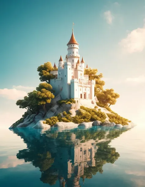 (white dream castle on cliff), (minimal composition), (dream castle with trees and water reflections), (surrealism), (clean back...