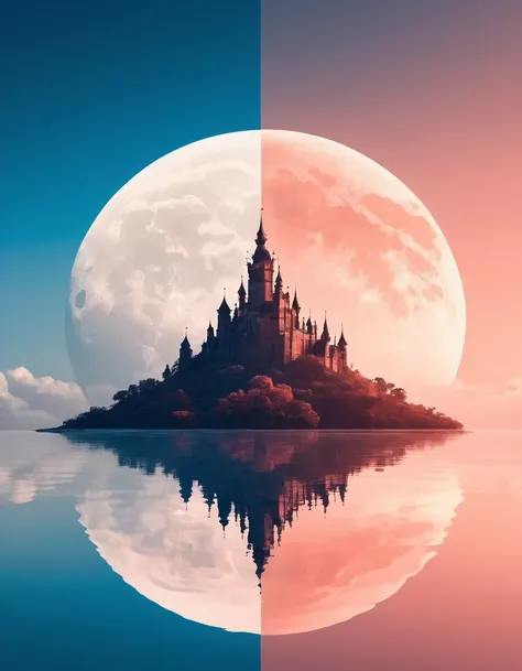 dream castle/dream castle，minimalist composition blue moon，many pink fairies are flying in the pink dream castle，dream castle an...