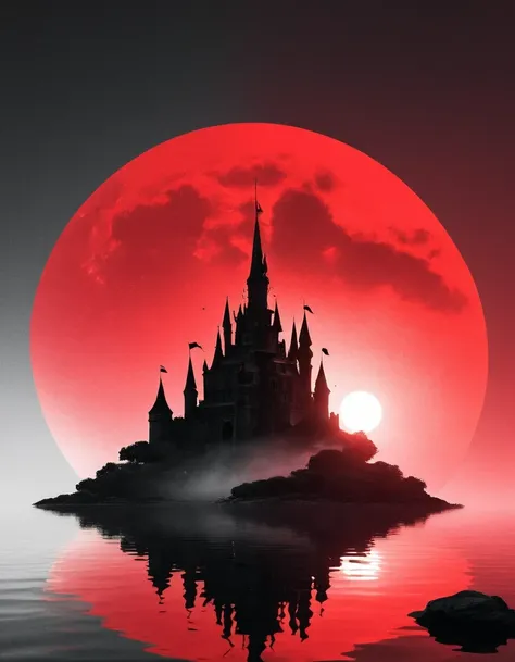 dream castle/dream castle，minimalist composition red sun，black man sitting in dream castle，dream castle and mirror reflections o...