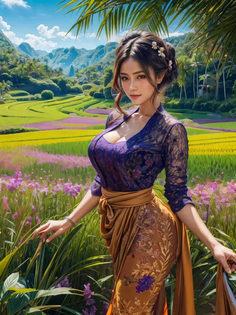 Gorgeous busty alluring curvy seducing Dutch-Sundanese peasant woman donning a semi transparent mediocre tight and thin kebaya dress and tight batik long skirt, simple messy bun hairdo with small beautiful flowers in her hair, perfect eyes, perfect face, i...