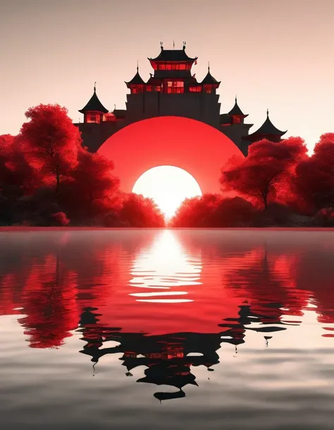 dream castle/dream castle，minimalist composition red sun，black man sitting in dream castle，mirror reflection of trees and water，...