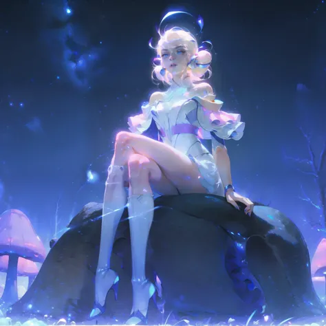 Anime girl with light blonde hair,With light blue eyes,Wearing a pink off-the-shoulder puff-sleeved dress and knee-high white boots,Sitting in the woods,Next to it is an orange mushroom,Surrounded by fireflies under the starry sky
