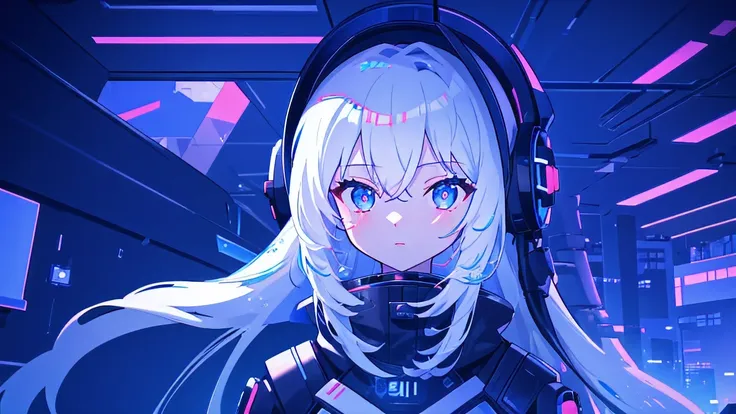 (((masterpiece))), (((8k quality))), a beautiful cute woman, white long hair, blue eye, cyberpunk