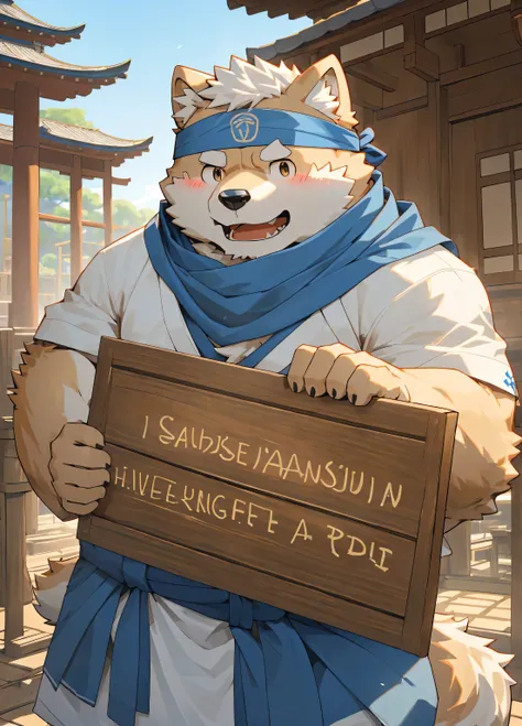 (masterpiece)，(Very detailed)，(best quality)，hairy，Shiba Inu，fur，white hair，Gray pupil，(Japan samurai attire)，((blue scarf))，((Brown Headband))，(Holding wooden signs)，(Wooden sign reads &quot;Sell Yourself&quot;)，(blush:1.1)，，Temple Background，8k，(high qua...